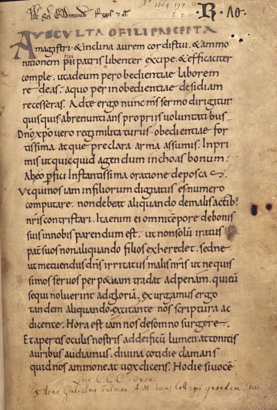 Ms. 197 f.1r Pravidla svatého Benedikta od English School
