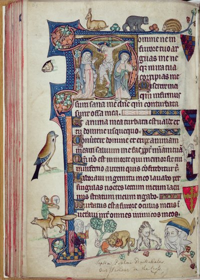 Ms 242 f.55v Ukřižování, z Packham-Clifford Hours, Use of Sarum, asi 1314-31 (plátkové zlato a tempera na pergamenu) od English School