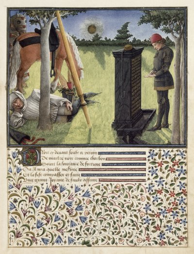 Paní 2597 Při východu slunce čte srdce nápis na Začarované fontáně, faksimilové vydání Livre du Coeur dAmours Espris od Rene dAnjou od English School