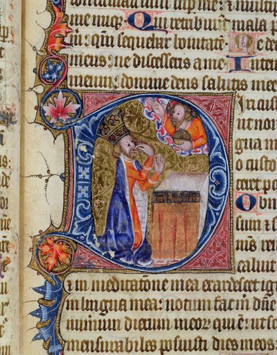Paní 26 f.22r. Žalm 38, David ukazuje na svá ústa, z žaltáře opatství Ramsey, kolem roku 1380 od English School