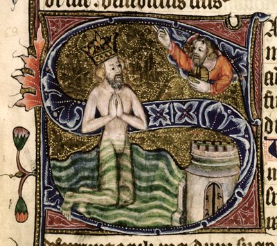 Paní 26 f.34r. Žalm 68, David se topí, z žaltáře opatství Ramsey, kolem roku 1380 od English School
