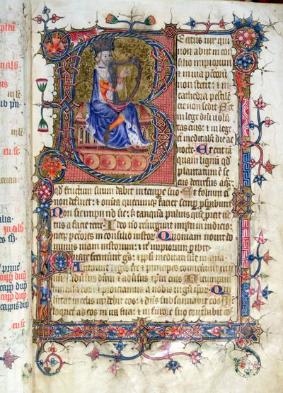 Ms 26 fol.7r. Žalm 1, David harfující, z žaltáře opatství Ramsey, kolem roku 1380 od English School
