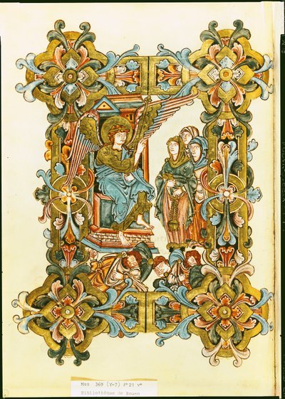 Ms 369 fol.21v Svaté ženy u hrobu, od Winchester Pontifical, konec 10. do začátku 11. století od English School