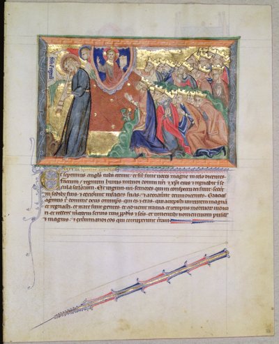 Paní L.A. 139-Lisboa fol.28 7. anděl troubí na trubku a 24 starších uctívající Boha, z Gulbenkian Apokalypsy, kolem 1265-70 od English School