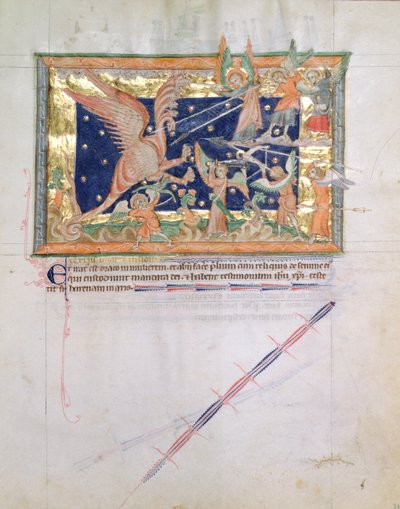 Ms L.A. 139-Lisboa fol.33 Drak vedoucí válku s věřícími, z Gulbenkian apokalypsy, kolem 1265-70 od English School
