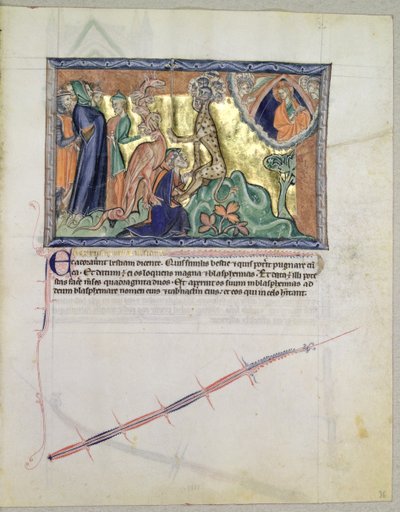 Paní L.A. 139-Lisboa fol.36 Pán sleduje, jak lidé uctívají mořskou šelmu v přítomnosti červeného draka, z Gulbenkianovy apokalypsy, kolem 1265-70 od English School