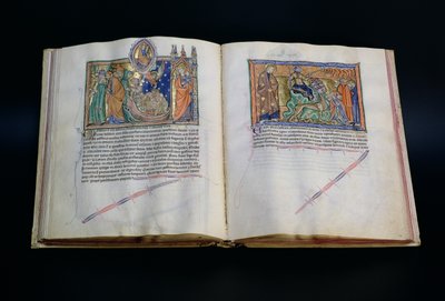 Paní L.A. 139-Lisboa fol.37 v-38 Šelma rouhající se Božímu jménu a lidé uctívající 3. a 2. zvíře, z Gulbenkianovy apokalypsy, kolem 1265-70 od English School
