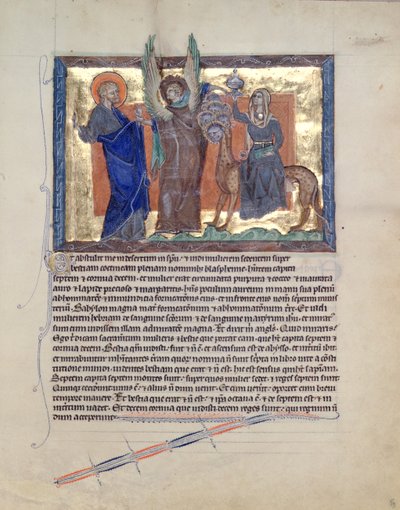 Paní L.A. 139-Lisboa fol.59 Anděl vedoucí svatého Jana Evangelistu k Babylonské nevěstce, z Gulbenkianovy apokalypsy, kolem 1265-70 od English School