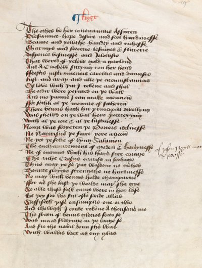 Paní New Coll 314, f19r, The Canterbury Tales od Geoffreyho Chaucera (pero a inkoust na pergamenu) od English School