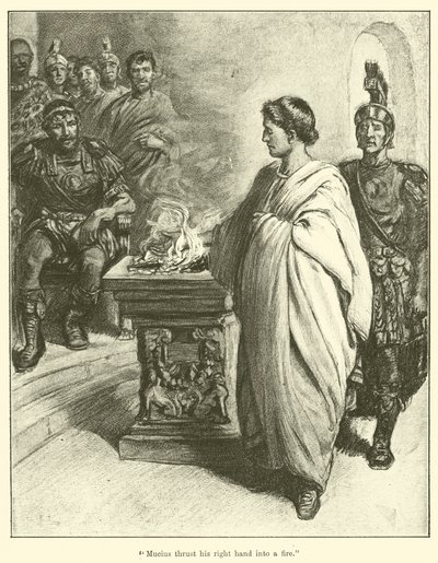 „Mucius strčil pravou ruku do ohně“ (rytina) od English School