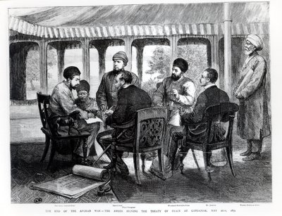 Muhammad Yaqub Khan (1849-1923) podepisující mírovou smlouvu v Gundamaku 26. května 1879 od English School