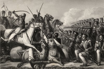 Vzbouřenecká jízda útočící na náměstí pěchoty v bitvě u Cawnpore v roce 1857, z „Historie indické vzpoury“, vydané v roce 1858 od English School
