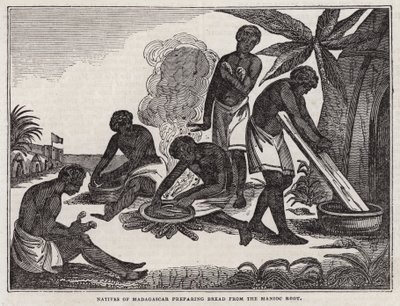 Domorodci z Madagaskaru připravující chléb z kořene manioku (rytina) od English School
