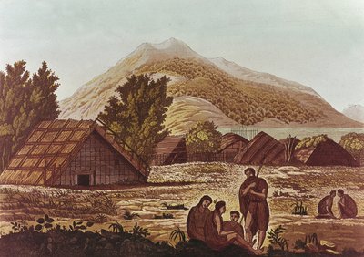Domorodci, s chatami a horami vzadu, rytina F. Fumagalli (barevná rytina) od English School