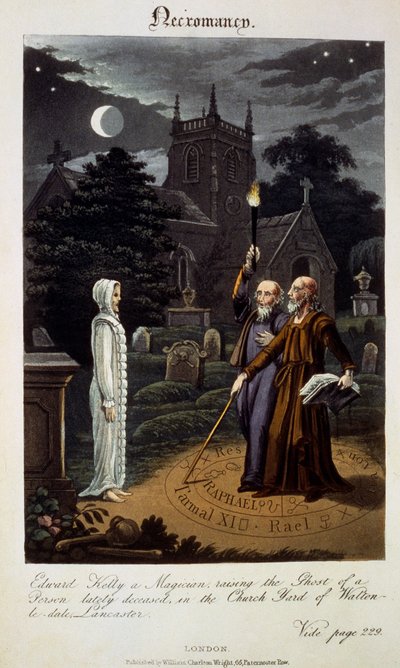 Nekromancie: Edward Kelly, kouzelník, zvedá ducha nedávno zesnulé osoby na Church Yard of Walton-le-dale, Lancaster, z „The Astrolog of the Devatenáctého století“ od Roberta Crosse od English School