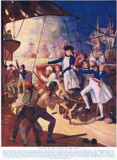Nelson v bitvě na Nilu, ilustrace z Hutchinsons History of the Nations, kolem roku 1910 od English School
