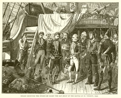 Nelson obdrží meče na palubě San Josef v bitvě u Svatého Vincenta, 1797 od English School