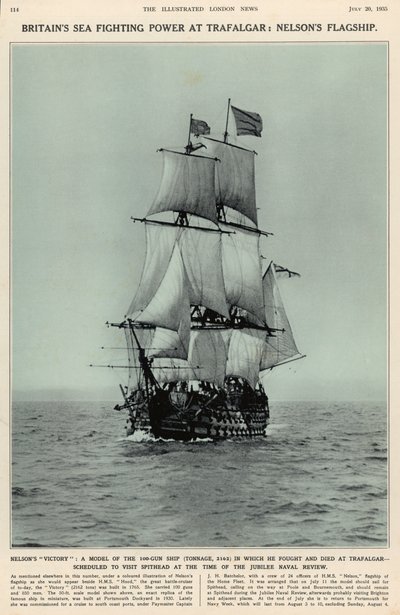 Nelsons Victory: model lodi se 100 děly, ve které bojoval a zemřel u Trafalgaru, z The Illustrated London News Royal Naval and Military Review Number, 20. července 1935 od English School