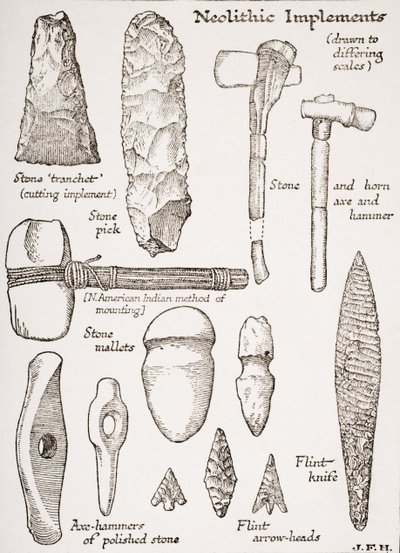 Neolithic Implements, ilustrace z „Nástin historie“ od H. G. Wellse, svazek I, vydané v roce 1920 od English School