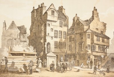 Netherbow House, Edinburgh, jak to bylo v roce 1843, z „The Scots Worthies“ od Johna Howieho, druhé vydání vydané v roce 1879 od English School