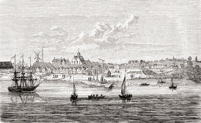 Nový Amsterdam, holandská osada ze 17. století na jižním cípu ostrova Manhattan, Amerika, z Wardovy a Lockovy ilustrované historie světa, vyd. cca 1882. od English School