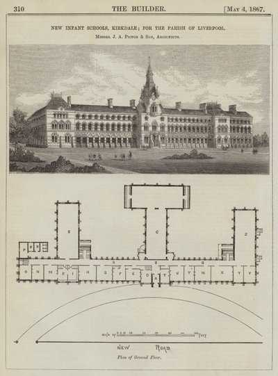New Infant Schools, Kirkdale; pro farnost Liverpool, pánové J A Picton a syn, architekti (rytina) od English School