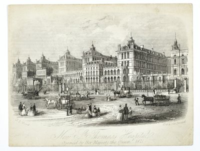 Nová nemocnice St. Thomass, otevřena Jejím Veličenstvom královnou 1871, hospoda. J.T. Dřevo od English School