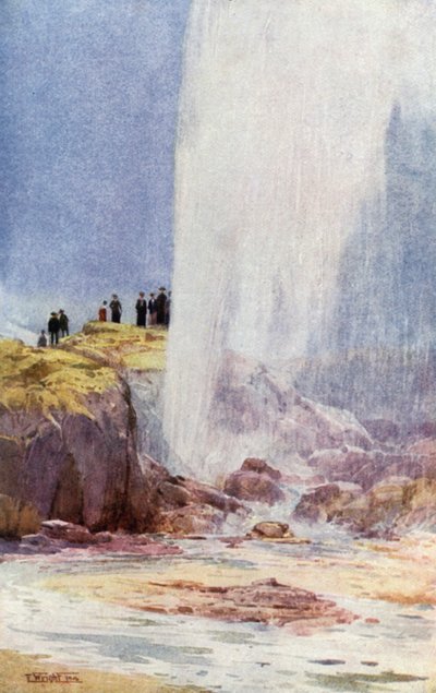 Nový Zéland: Gejzír Wairoa (barevná litografie) od English School