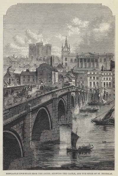 Newcastle-upon-Tyne z jihu, zobrazující hrad a věž svatého Mikuláše (rytina) od English School