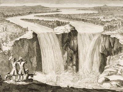 Niagarské vodopády, podle náčrtu vytvořeného otcem Hennepinem v roce 1677, z „American Pictures“ vydaného společností Religious Tract Society, 1876 od English School