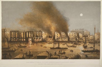 Noční pohled na požár z roku 1861 v Tooley Street, Bermondsey, 1861 od English School