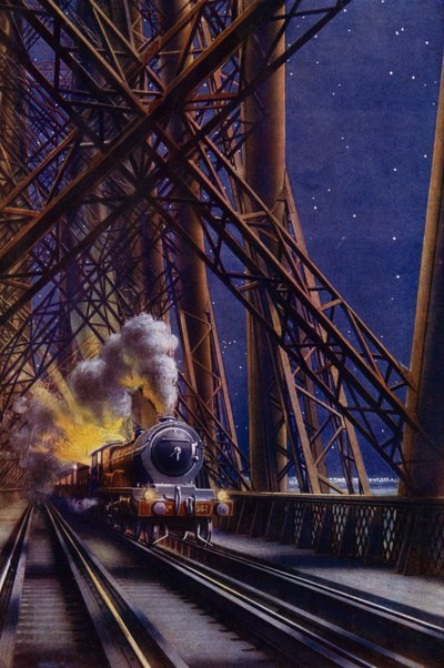Noční vlak přes Forth Bridge, Skotsko (barva litho) od English School