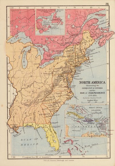 Severní Amerika, ilustrující dobytí Kanady a válku za nezávislost od English School