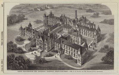 North Staffordshire New Infirmary, Hartshill, Stoke-upon-Trent, pan G B Nichols a pan Charles Lynam, architekti (rytina) od English School