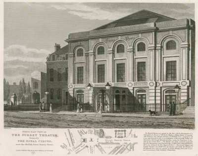 Severovýchodní pohled na divadlo Surrey, Blackfriars Road, Londýn od English School