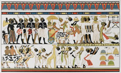 Núbijští náčelníci přinášející dary egyptskému králi, kopie staroegyptské nástěnné malby z hrobky v Thébách, asi 1380 př. n. l., z Dějin lidstva, III. díl, autor: Prof. Friedrich Ratzel, 1898. od English School