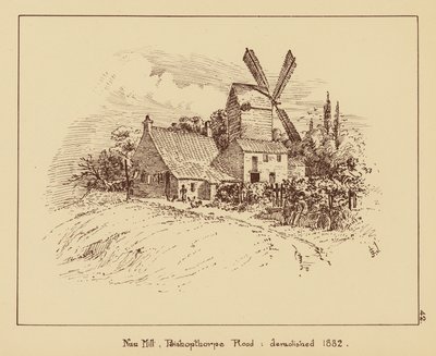 Nun Mill, Bishopthorpe Road, zbořen 1882 (litografie) od English School