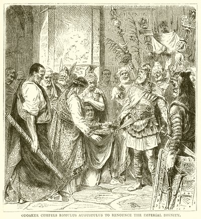 Odoaker nutí Romula Augustula, aby se vzdal imperiální důstojnosti od English School