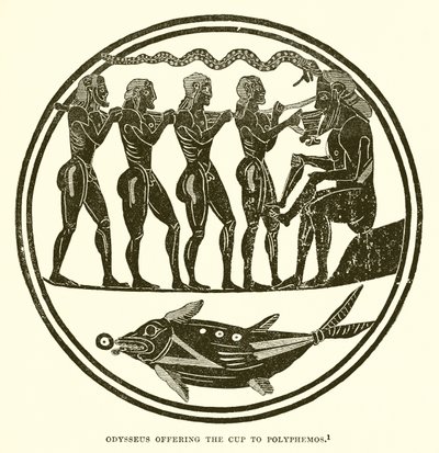 Odysseus nabízí pohár Polyfémovi od English School