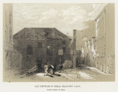 Starý kostel v Inkle Factory Lane, sundán v roce 1845 (rytina) od English School