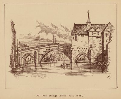 Starý most přes řeku Ouse, stržený v roce 1809 (litografie) od English School
