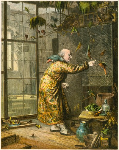 Starý muž ve své voliéře od English School