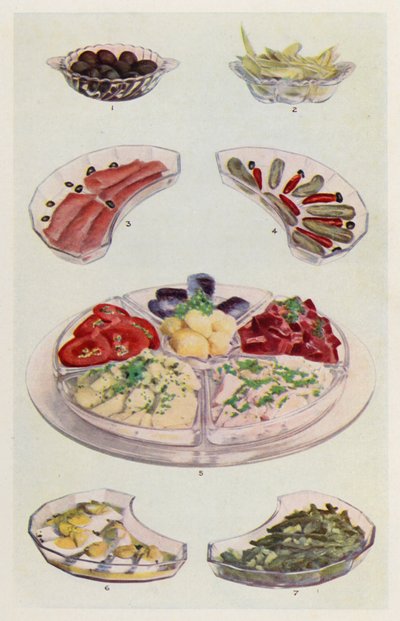 Olivy; dresovaná čekanka; uzený losos; okurka a chilli; máslo, plátky rajčat, bramborový salát, tuňák, červená řepa, sardinky; vaječná majonéza; fazolový salát (barevná litografie) od English School