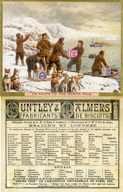 Na Route to the North Pole, přední a zadní strana propagační karty pro Huntley & Palmers Biscuits, vyrobené pro francouzský trh, 1890 od English School
