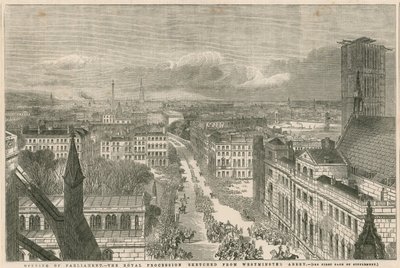Otevření parlamentu - královský průvod načrtnutý z Westminsterského opatství od English School