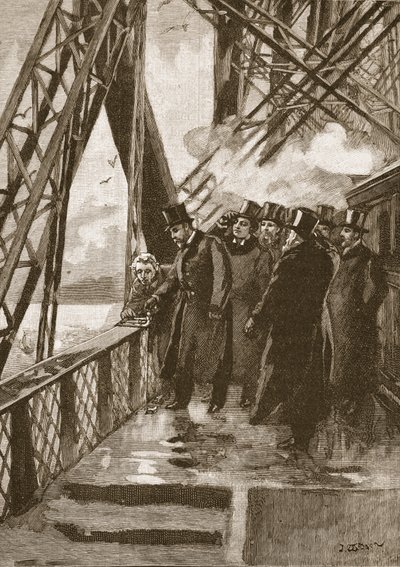 Otevření mostu Forth Bridge princem z Walesu, 4. března 1890, ilustrace z Cassells Illustrated History of England (sépiová fotografie) od English School