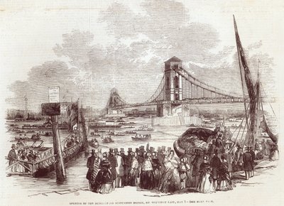 Otevření visutého mostu Hungerford Suspension Bridge, z "The Illustrated London News", 3. května 1845 od English School
