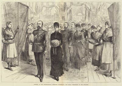 Zahájení Mezinárodní rybářské výstavy, Královský průvod v budově (rytina) od English School