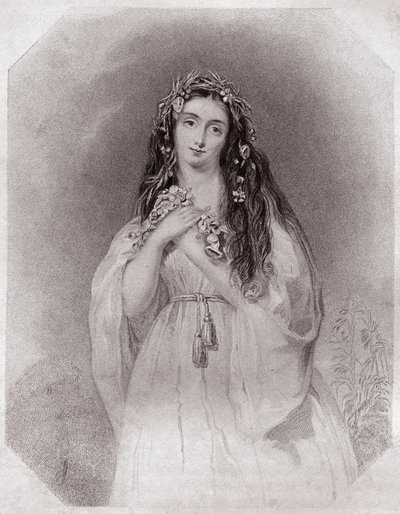 Ofélie (Ophelia) (Hamlet) v - „“ Shakespearově ženské galerii, sbírka čtyřiceti pěti vážných portrétů raných londýnských umělců, obohacená o kritické a literární poznámky““““ kolem roku 1838 – z „“ Galerie žen Shakespearových, Sbírka pevnosti od English School