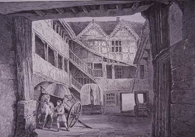 Ostler navštěvující kůň na nádvoří New Inn, Gloucester (dřevoryt) od English School